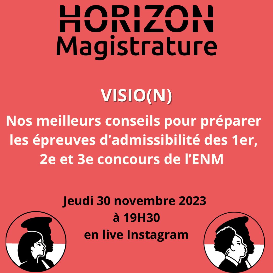 Sortez vos agendas 📅 

Notre prochaine visio(n) aura lieu le vendredi 30 novembre 2023 à 19h30. 

Des auditeurs de justice issus des 1er et 2e concours donneront des conseils aux candidats afin de les aider à préparer les épreuves d’admissibilité. 
 
#enm #enm2024