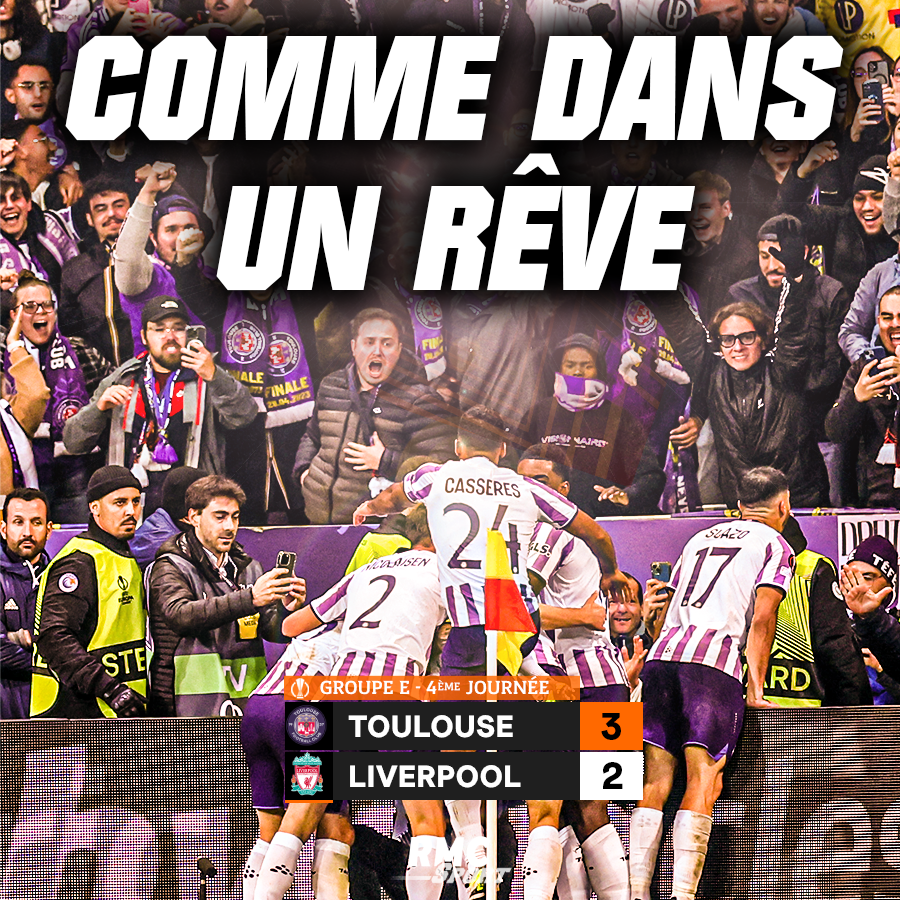RMCsport's tweet photo. 🟣 Un exploit majuscule dans l'histoire du TFC ! Après une fin de match renversante où le VAR a fait trembler le Stadium jusqu'au bout du temps additionnel, Toulouse fait tomber Liverpool après un match magnifique en Ligue Europa (3-2) ► https://t.co/vNrEHzqToc https://t.co/XExJHYuRdr