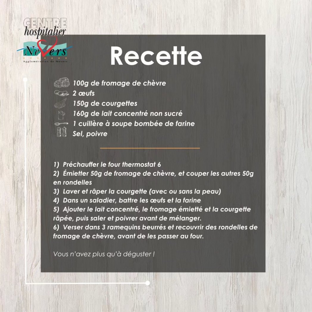 CHNevers's tweet photo. 📢 Aujourd'hui, les #diététiciennes du Centre Hospitalier de l’agglomération de #Nevers vous proposent de découvrir le Méli-mélo chèvre et courgette ! 👨‍🍳

Une nouvelle #recette #nutritionnelle et gourmande à savourer dès maintenant !

#santé #recette #food #nutrition https://t.co/j7cim9WnLO