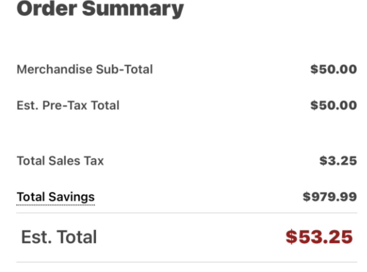 Something doesn’t look right… 🤨

$980 savings on a $50 order??

Fuck it, we ball