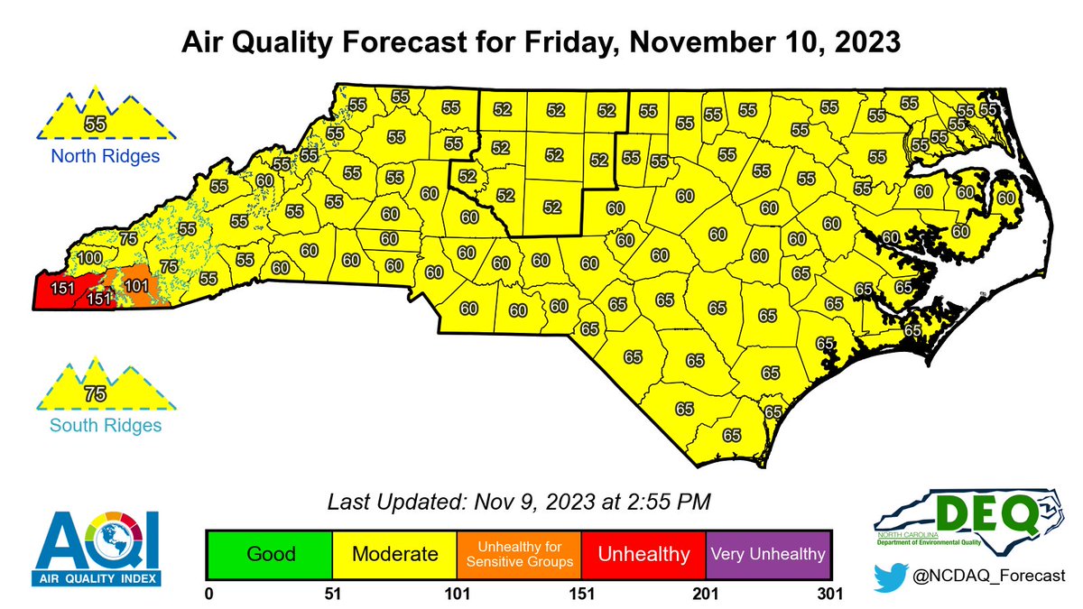 ALERT (11/9/23 – 3:00PM): Code RED (Cherokee and Clay Counties) &amp; Code ORANGE (Macon County) Alerts remain in effect through tomorrow @ midnight for PM2.5 due to smoke from ongoing fires. #airquaity #AQI #ncwx

For our discussion &amp; KML files: airquality.climate.ncsu.edu/discussion/?is…
