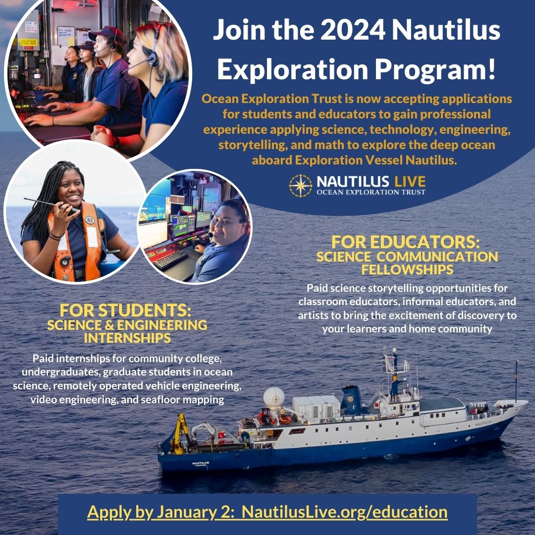 Are you someone with a passion for discovery? Now is your chance to join the 2024 #NautilusExplorationProgram! These #paidinternships are at-sea 3-4 week opportunities and available across the 2024 expedition season. Apply by January 2, 2024: nautiluslive.org/education