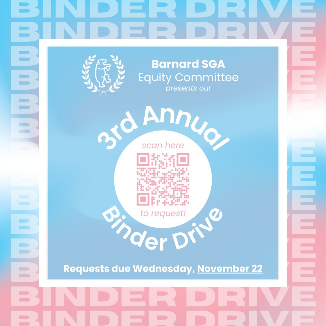 BeingBarnard's tweet photo. @barnardsga 's 3rd Annual Binder Drive is in full swing! Students are invited to request a binder by November 22nd.

Any questions? Reach out to the SGA. https://t.co/STJvEVJkkW