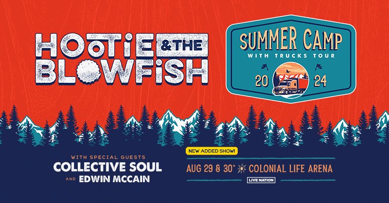 CLAmktg's tweet image. 🚨NEW SHOW ADDED‼️ Due to high demand @HootieTweets has added a 2nd show on Friday 8/30 at #ColonialLifeArena. Tix for both shows on the Summer Camp with Trucks Tour with special guests @CollectiveSoul &amp;amp; @TheEdwinMcCain on sale tomorrow, 11/10 at 10a HERE: bit.ly/2024HootieCOLA