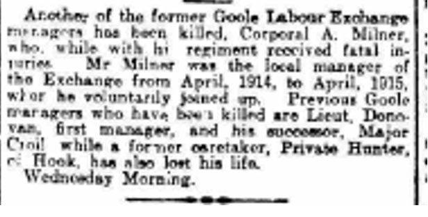 Goole_WW1's tweet photo. @TradeMemorial Hi. We know that Arthur enlisted into the Army in Goole in late August or early September 1914, which is recorded in the Goole Times. The only other information we have is from the Hull Daily Mail dated 3/10/1917 - attached. https://t.co/yYPKEYqesx