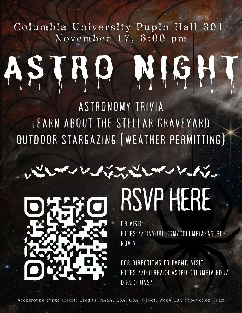 We're back with our public lecture series! Join us on Nov 17 at 6pm in Pupin 301 to hear from Columbia Astronomer Jennifer Mead, who will be giving a public talk titled "Tales from the Stellar Graveyard: The Ghosts of Stars Past" (RSVP here linktr.ee/columbiaastro)