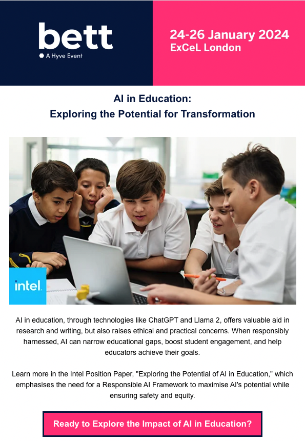 See what’s new in #AI for Education from the @Intel Edu team in this week’s email from @Bett_show.

Get the PDF covering best practices, tools, tech, ethics & more. The download link is in the #Bett email: bit.ly/3sqz2ZO
#BettShow #BettUK #IntelEdu #AIforEducation