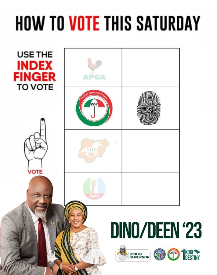 #OneKogiOneDestiny
#HowToVoteThisSaturday.

Dear good People of Kogites, how to vote on Saturday, November 11, 2023. 

Use your index finger 
Vote for Umbrella @OfficialPDPNig
 Your vote for PDP is a Vote for 
@_dinomelaye
 
After voting, ensure your vote is counted.
