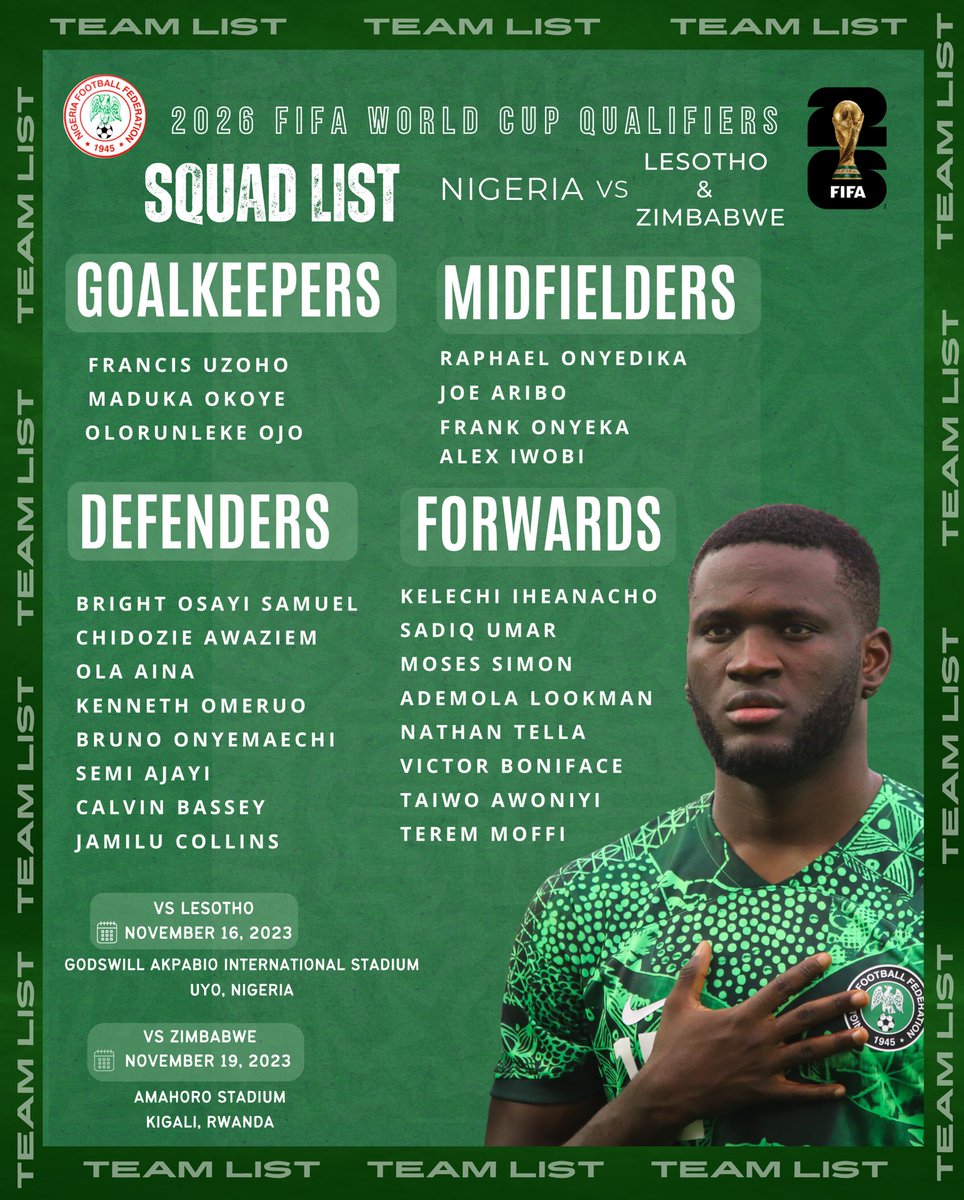 Our roster for #Lesotho & #Zimbabwe WCQ #soarsupereagles #letsdoitagain #wcq