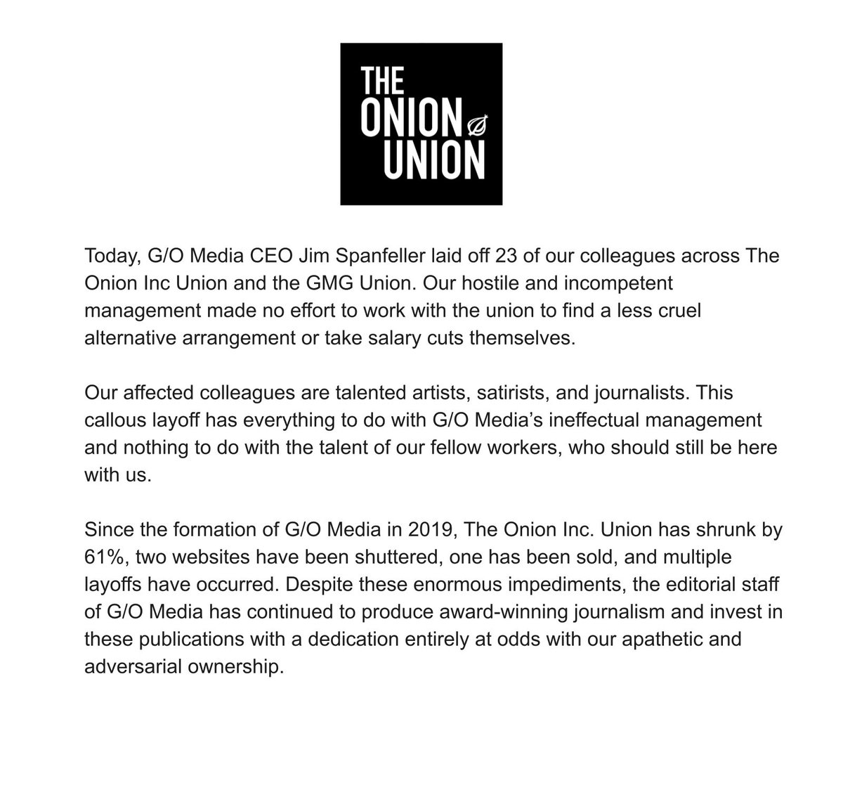 OnionIncUnion's tweet image. Our statement on today's layoffs: