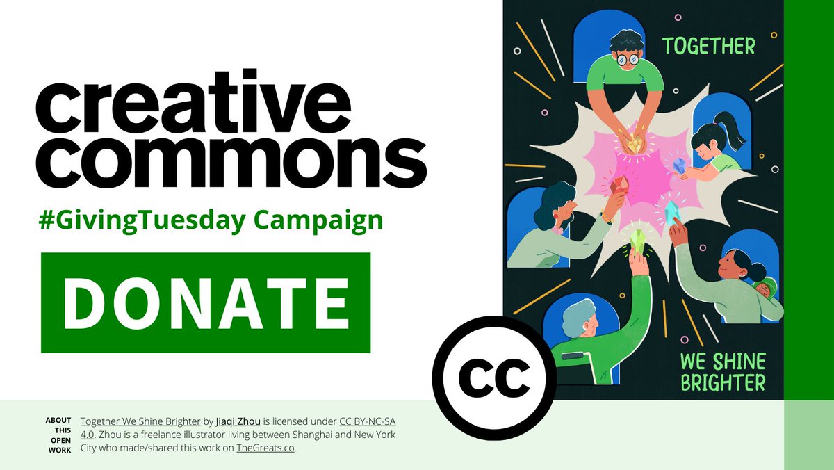 creativecommons's tweet image. 🤗 Embrace the spirit of giving this #GivingMonth! Help CC empower creators, educators, and innovators worldwide. Your donation makes #OpenKnowledge and #OpenCulture accessible to all. 

🙌 Donate today: loom.ly/3QSgWYo