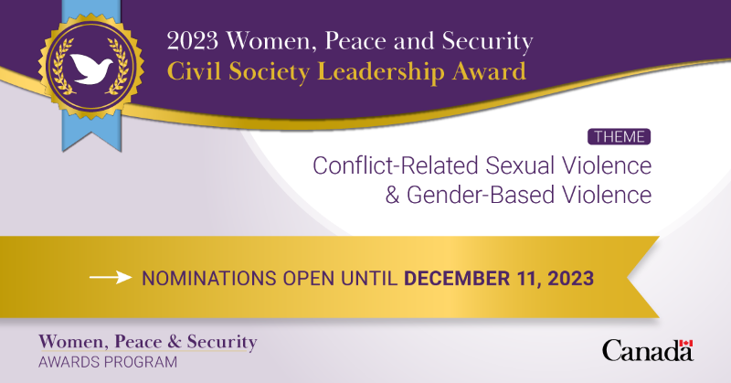 WomenPeaceSec's tweet photo. We are proud to launch nominations for the 2023 #WPSAwards!

This year, we recognize work in #WomenPeaceSecurity in the context of Conflict-related Sexual Violence &amp; Gender-based Violence. 
 
Read the eligibility criteria and submit a nomination by December 11.👇