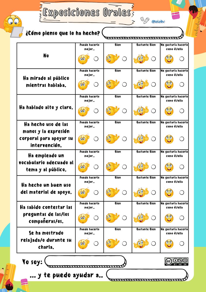 Comparto la escala de valoración sobre exposiciones orales que empleamos en clase y cuyos criterios surgieron de la participación de los alumnos. Disponible en castellano y catalán en bloomania.es

#expresiónoral #ideasparaclase #claustrovirtual #compartomiedublog