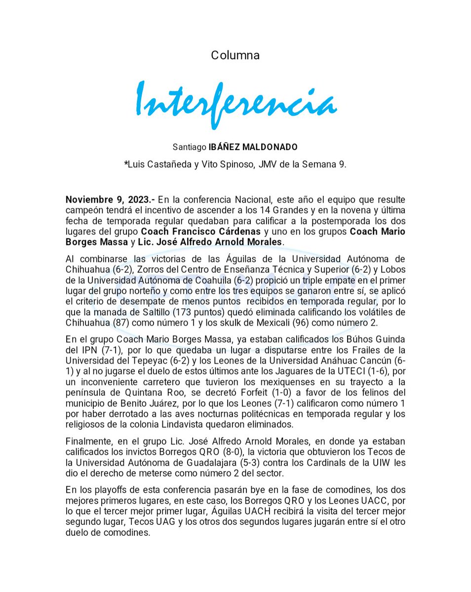 serimasmx's tweet photo. *Columna INTERFERENCIA*
Les comparto lo ocurrido en la Semana 9 y lo que vendrรก en postemporada de la conferencia Nacional, asรญ como los JMV de este sector: https://t.co/9PkUnXqcGg