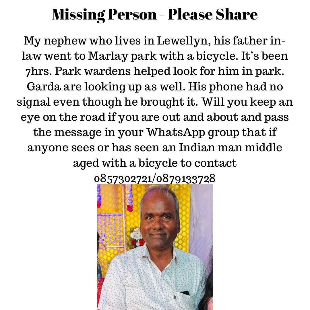 We just received news of a missing person who went to @MarlayPark earlier today. Please see message below. Please share. Thank you for your help.