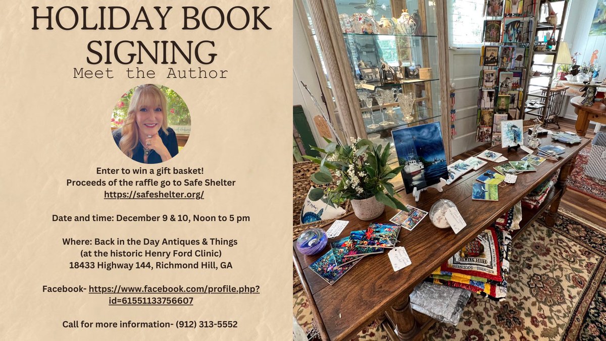 #Richmond_HillGA #booksigning #HolidayShopping Dec 9 and 10. Win a prize! Raffle to benefit #SafeShelter #Savannah