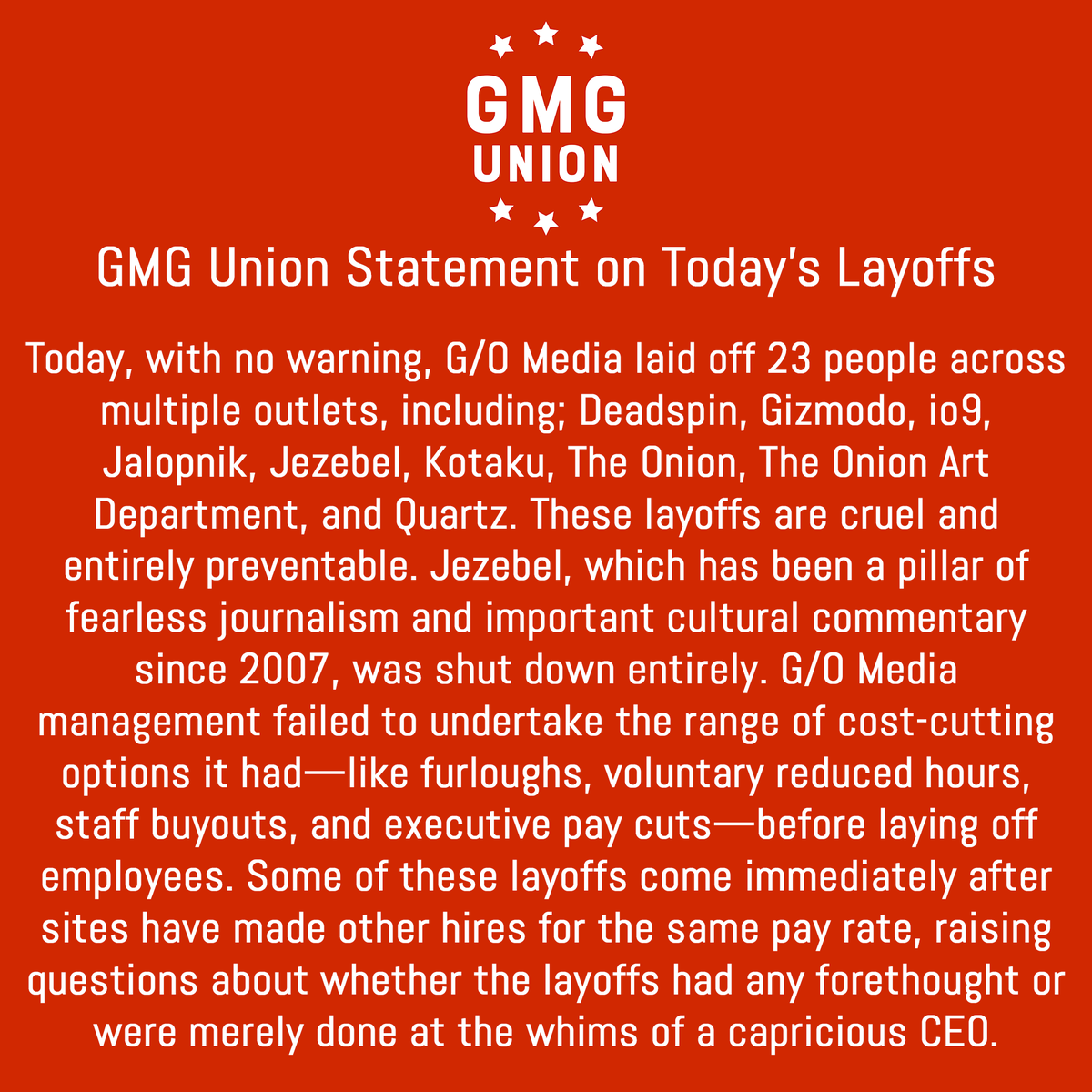 gmgunion's tweet image. Jezebel was a good website. Our statement: