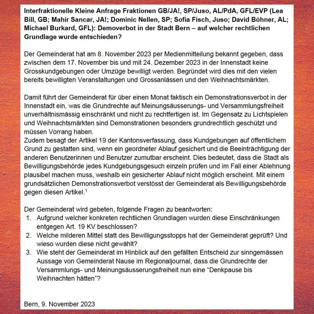 LeaBillBern's tweet photo. Der Entscheid des Gemeinderats, Grosskundgebungen und Umzüge in der Innenstadt nicht mehr zu bewilligen, ist rechtswidrig.
Wir fordern Antworten zu den rechtlichen Grundlagen dieses Entscheids. Zudem muss der Entscheid sofort  rückgängig gemacht werden.

#demoverbot #bern https://t.co/0GSanpFslp