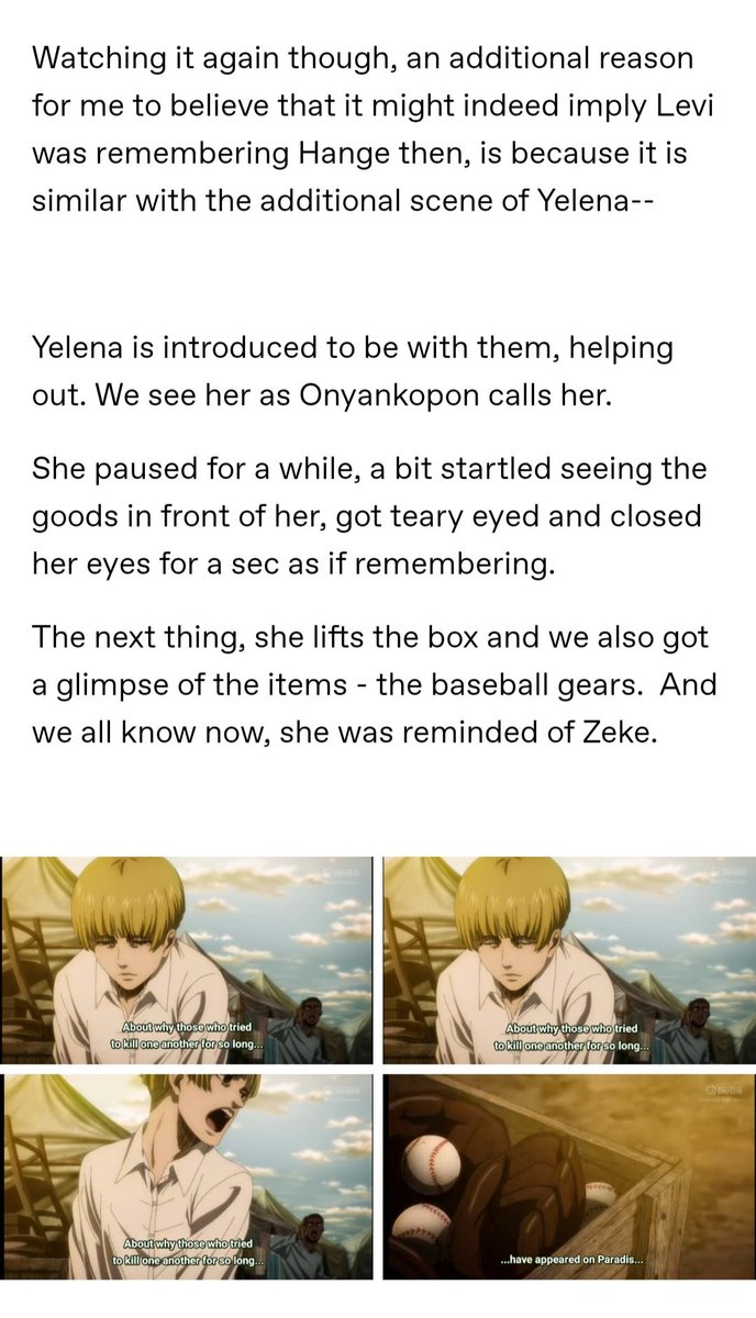 ecyr15536's tweet photo. My personal reason to believe that Levi remembers Hange during the last scene --
https://t.co/vOLhMeuWk8 https://t.co/h8giAXQ0pL