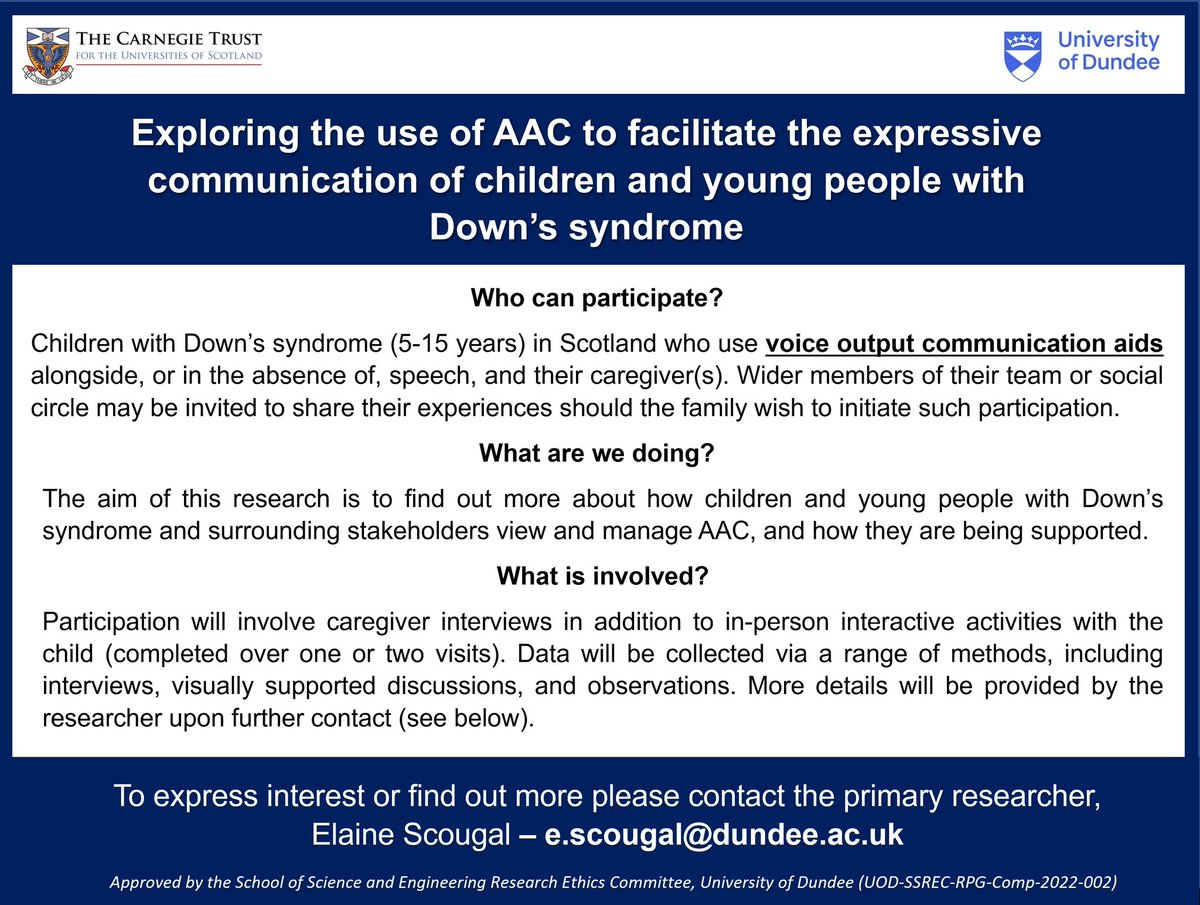 Please share: I am conducting research involving children with Down’s syndrome living in Scotland (aged 5-15) who use voice output communication aids. To find out more, please contact me by email: e.scougal@dundee.ac.uk #AAC