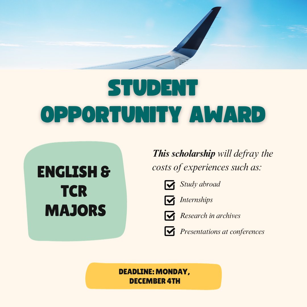 SCHOLARSHIP FOR ENGLISH &amp; TCR MAJORS!! Click the link for more information: chass.usu.edu/english/schola…