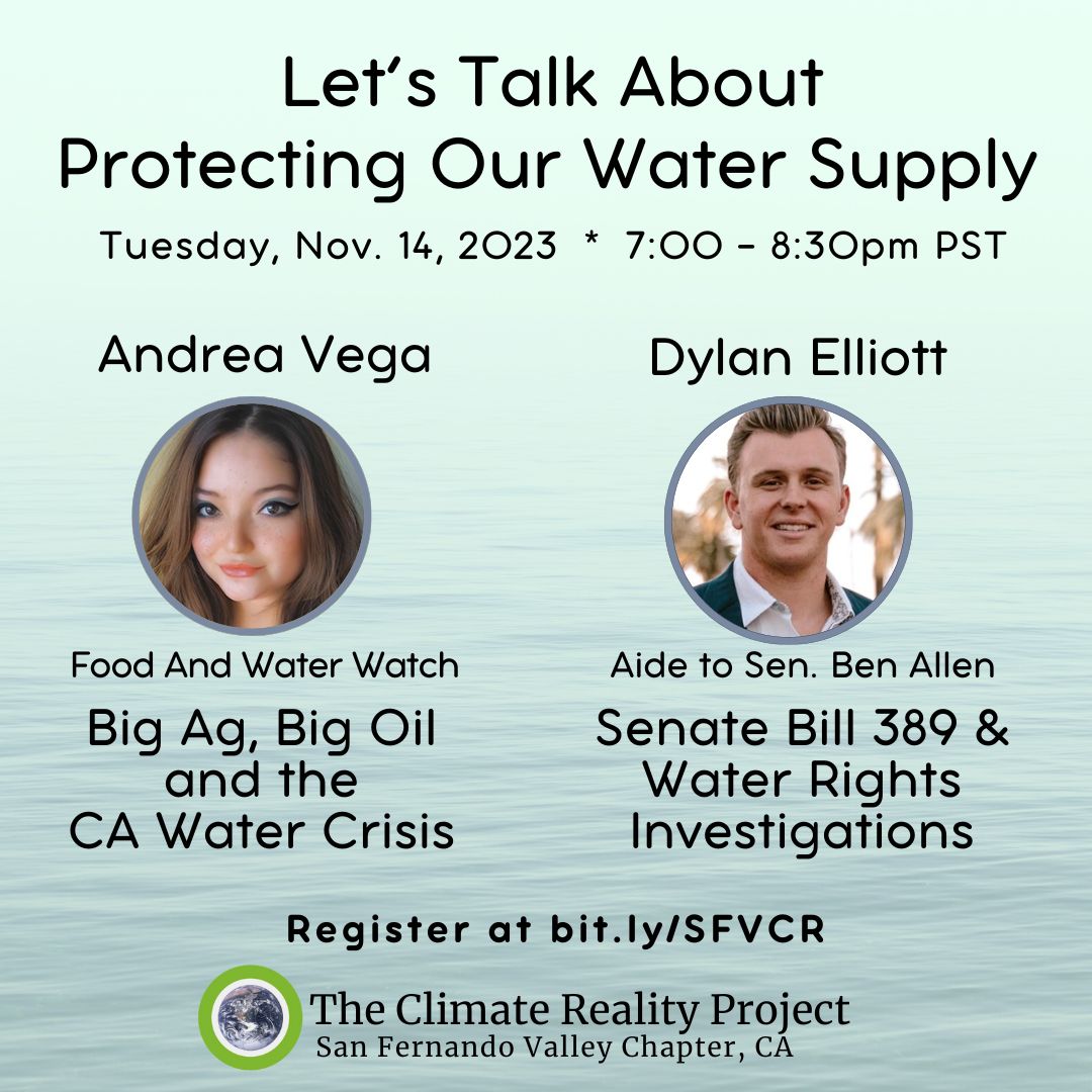 Don't forget to register for next Tuesday's meeting! We'll be focusing on CA's #water supply and threats to it from #BigOil and #BigAg. Who has rights to CA water? Who should? Join us for a discussion of one of our most fundamental needs. Register now at bit.ly/SFVCR!