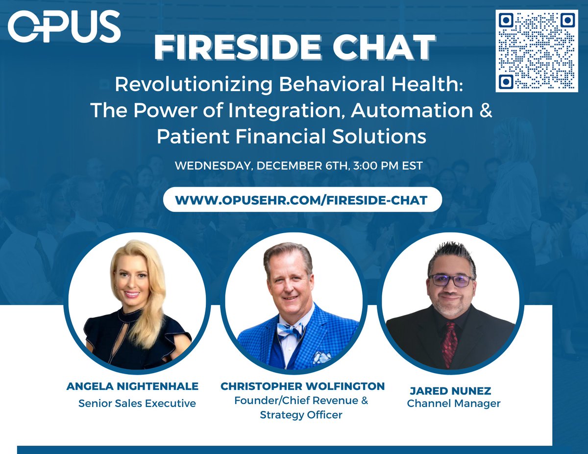 OpusEHR's tweet photo. 🔥 Get ready for a Fireside Chat! Revolutionizing Behavioral Health: Software Integration, Automation, and Financial Solutions 

🗓️ December 6th
🕒 3:00 PM EST
📣 Live + Recording
🔗 https://t.co/N4hgtQ3TzF

@FinPayllc @CollaborateMD #financialsolutions #RCM #ManagedBilling #EHR https://t.co/fTYJvByUso