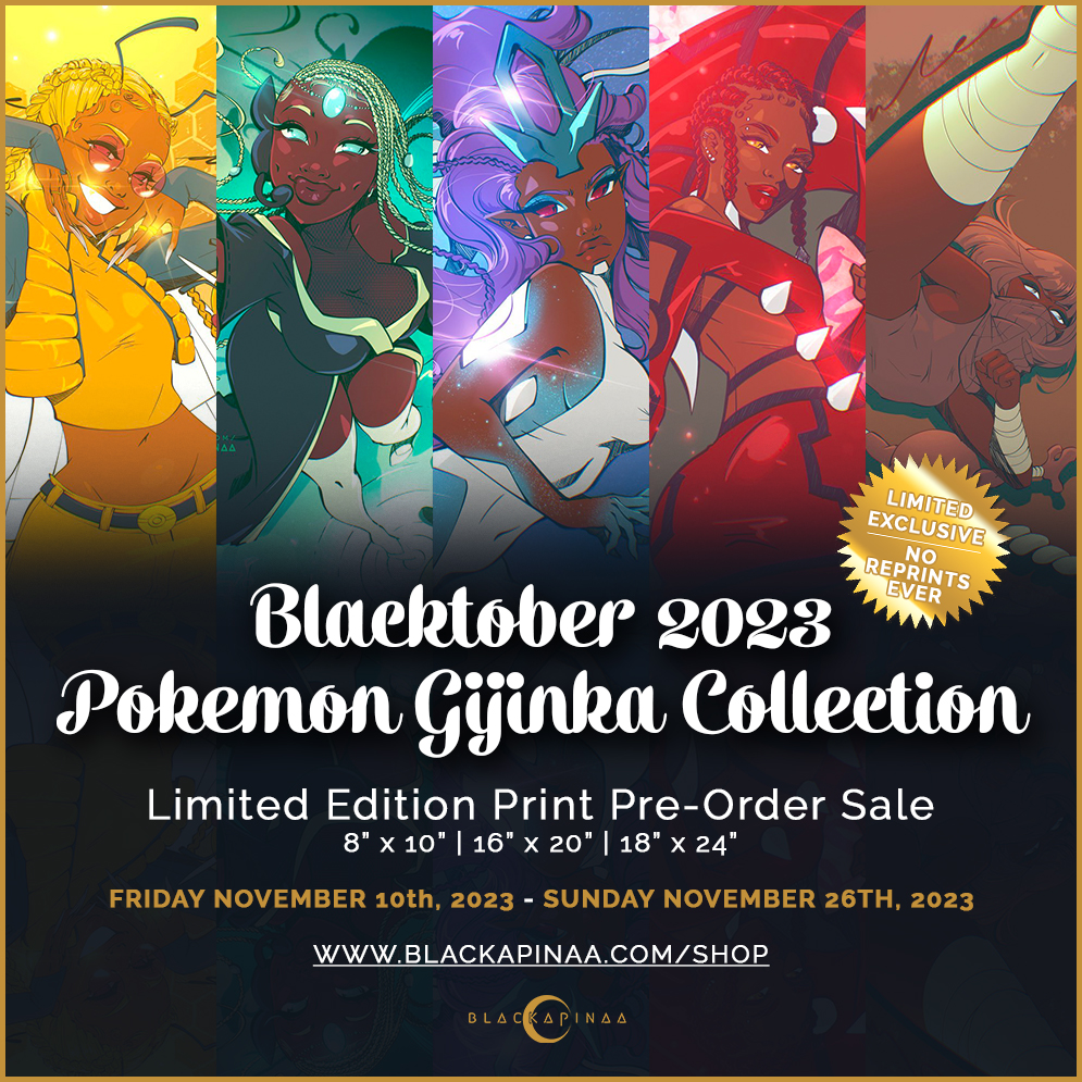Save the dates!

Tomorrow my Blacktober 2023 Gijinka Collection prints are available for pre-order starting tomorrow at 12 p.m. EST!

♡ 8x10, 16x20 & 18x24 inch sizing
♡ Full Bleed prints
♡ Heavy, Holographic & Lustrous Gloss paper stocks

Ends Sunday November 26th 2023!