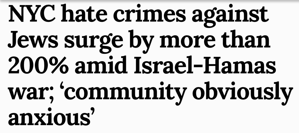 Amid the 85th anniversary of Kristallnacht, NYC has seen a staggering surge in antisemitic incidents. A shocking 200%.  

The world preaches “Never Again” but fails to practice it.  

Hatred for both the Jewish community and the Jewish State is surging on college campuses, on