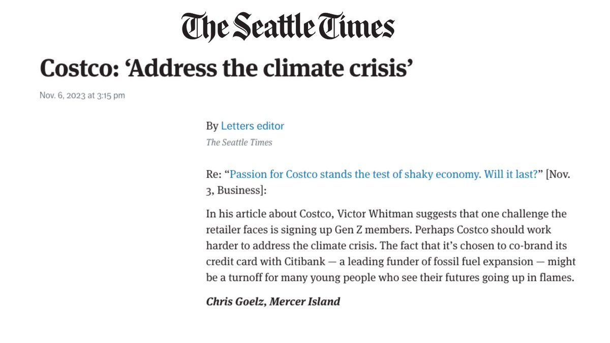 This letter writer to the @seattletimes nails it: @Costco as one of America's biggest retailers can't be truly green if @Citi, a massive funder of fossil fuels, is issuing its credit card #CostcoDropCiti