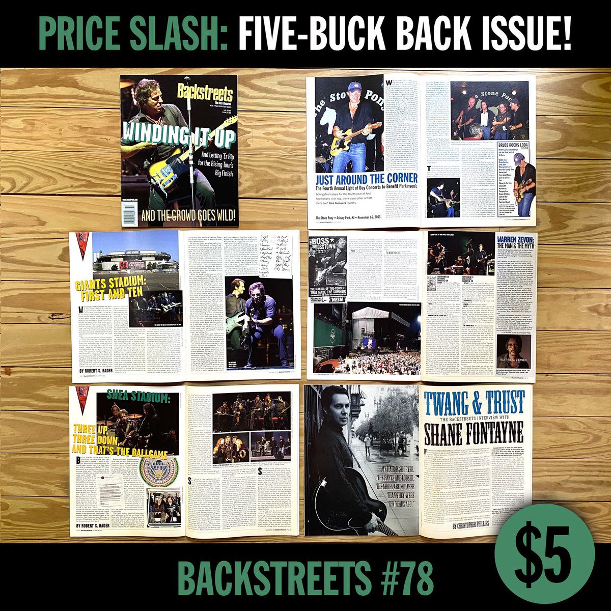 FIVE-BUCK BACK ISSUES! New markdowns in our shop, with a dozen issues of Backstreets now on sale for $5 each. So much Springsteen history preserved in these pages.… #78 chronicles the 2003 Rising tour and gets the 92/93 story from Shane Fontayne: backstreets.com/Merchant2/merc…