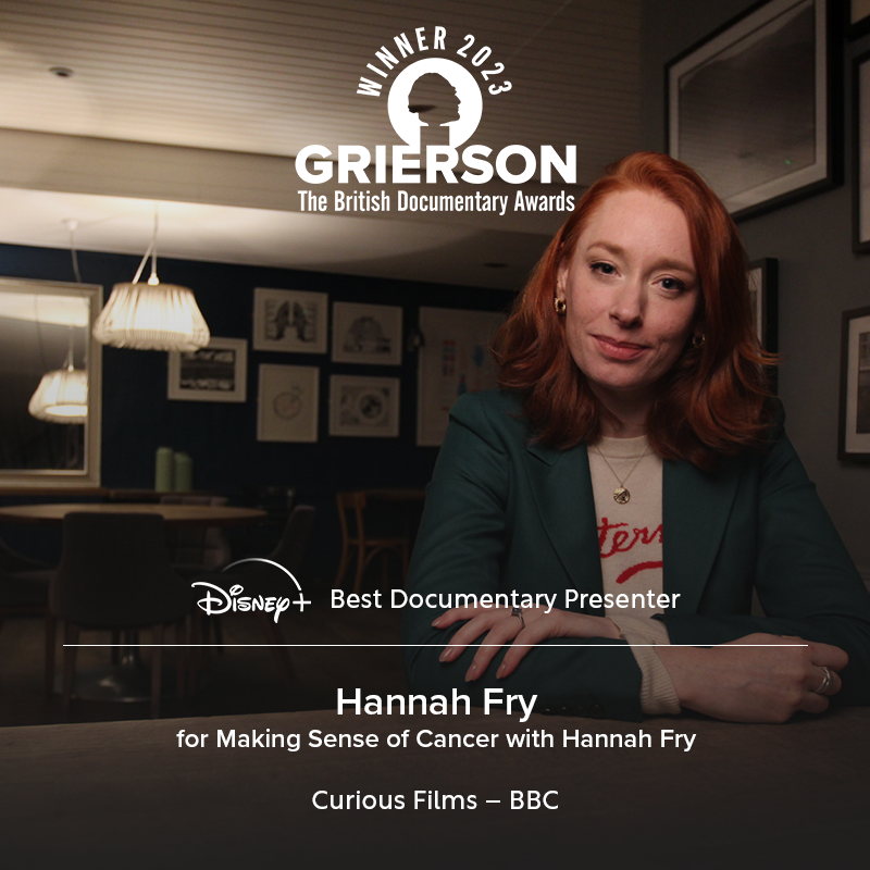 The Grierson Trust (@griersontrust) on Twitter photo The #GriersonAwards winner for <a href="/DisneyPlusUK/">Disney+ UK</a> Best Documentary Presenter goes to Hannah Fry for Making Sense of Cancer with Hannah Fry 🌟 - presented by <a href="/DanONeill_Wild/">Dan O'Neill</a>
<a href="/FilmsCurious/">Curious Films</a> <a href="/FryRsquared/">Hannah Fry</a> The #GriersonAwards winner for <a href="/DisneyPlusUK/">Disney+ UK</a> Best Documentary Presenter goes to Hannah Fry for Making Sense of Cancer with Hannah Fry 🌟 - presented by <a href="/DanONeill_Wild/">Dan O'Neill</a>
<a href="/FilmsCurious/">Curious Films</a> <a href="/FryRsquared/">Hannah Fry</a>
