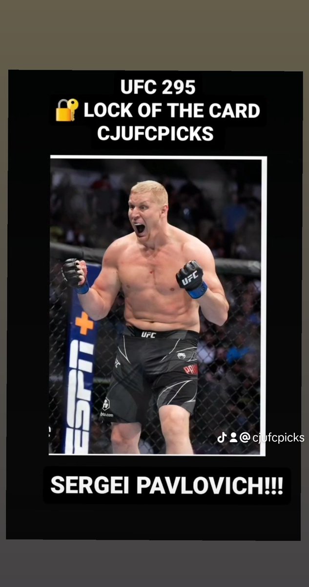 Lock of the card time for UFC 295. ITS THE RUSSIAN SERGEI PAVLOVICH! #MMATwitter #GamblingTwitter #UFC295 #ufcnews #ufcpicks #ufcpredictions #ufchighlights #ufcmsg #ufcnyc #pavlovichvsaspinall #mmarussia #ufcrussia #fight #knockout #fyp #cjufcpicks