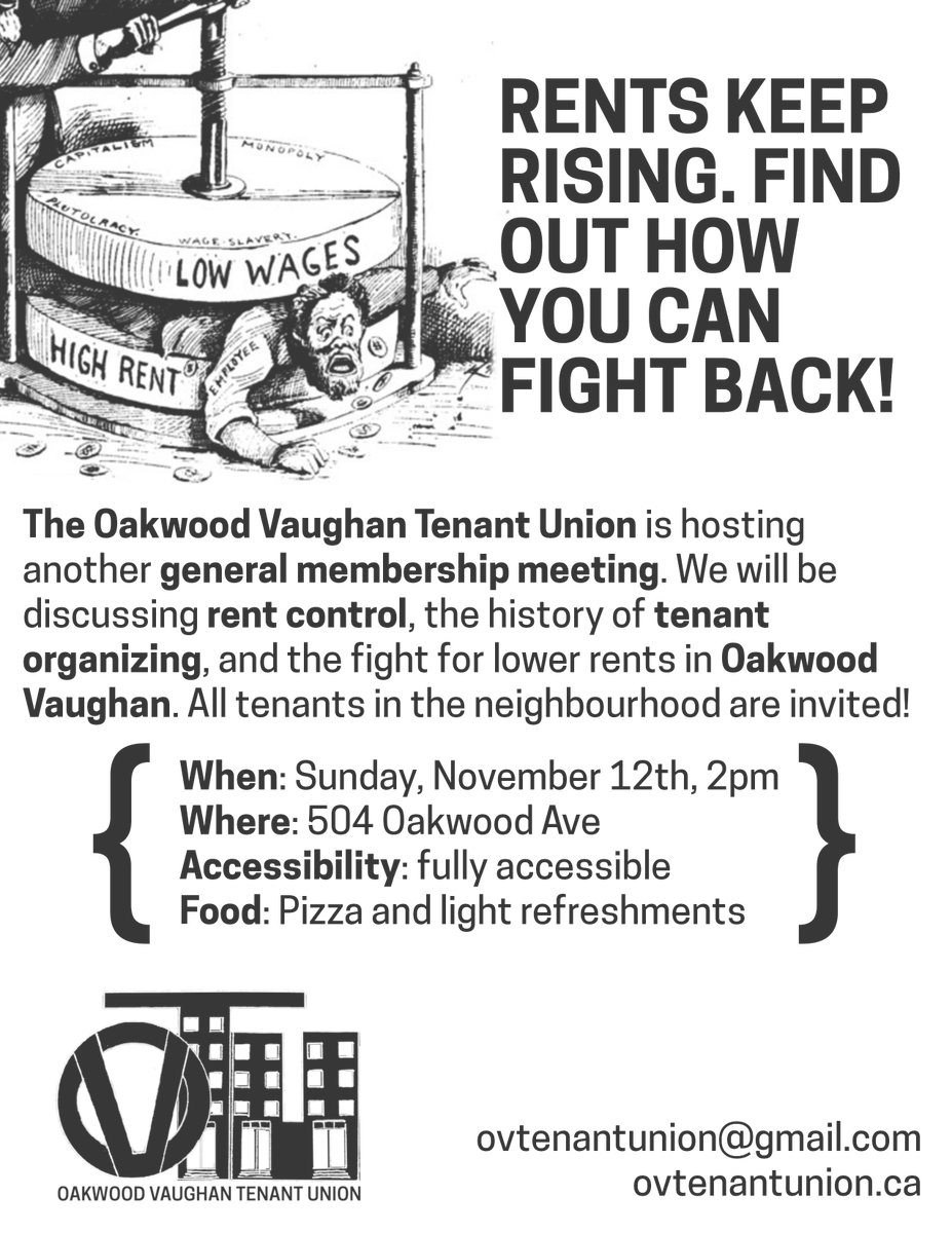 Join the fight for tenant rights. This Sunday at 2pm, join OVTU for our next GMM. 504 Oakwood Ave. #oakwoodvaughan #LittleJamaica #tenantorganizing
