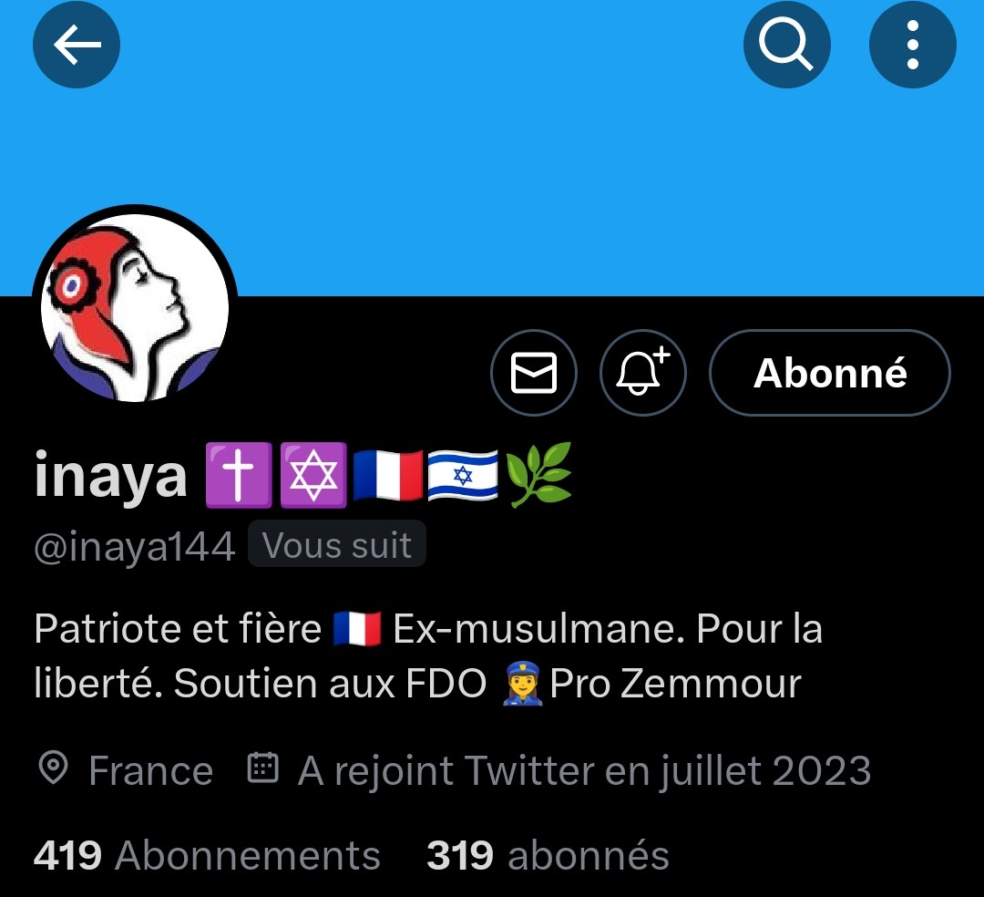 INFO🚨Mes amis patriotes🇨🇵Victime de la bien-pensance notre amie <a href="/inaya144/">inaya ✝️✡️🇫🇷🇮🇱🌿</a>
👍 A besoin de vous ! Son compte à sauté !😖 Merci de vous abonner à elle pour l'aider à reconstituer sa TL ! Merci n'oubliez pas ! Tous ensemble nous sommes plus forts ! 🇨🇵💪👍👌