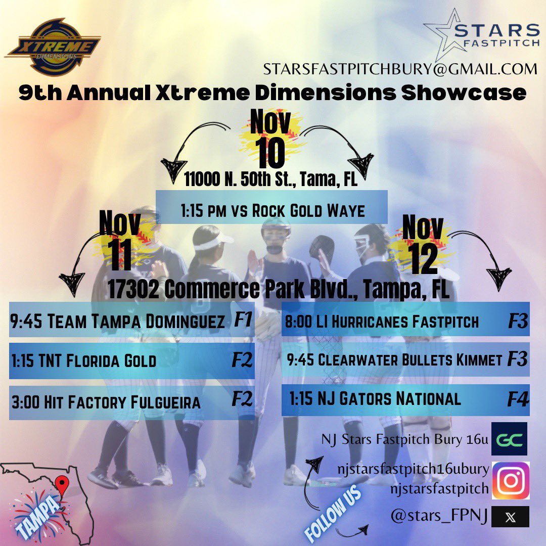 Our schedule for this weekend at Annual Xtreme Dimensions Showcase in Tampa🥎🌴. Can’t wait!! @stars_FPNJ @CJFFastpitch