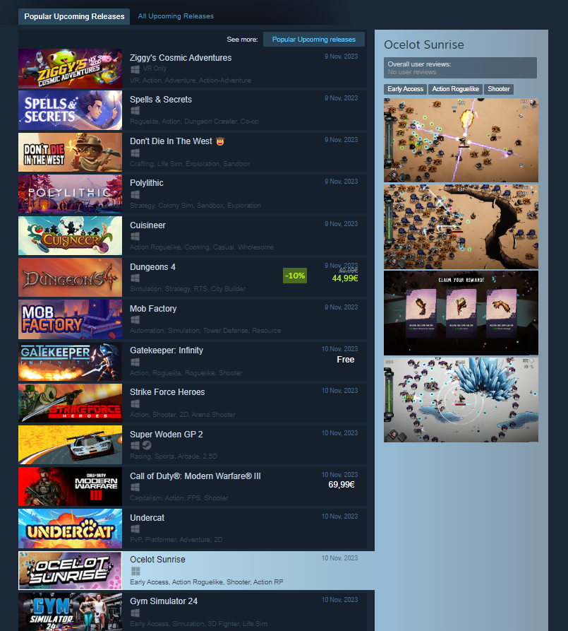 Ocelot is being featured in the popular upcoming releases! 🥹

We have come a long way, and I want to thank you all, from the heart. ❤️

#BulletHeavenFest #indiegame #steam