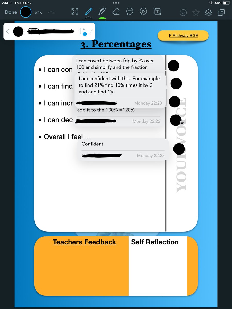 Really enjoying using this Self Reflection exercise on @Showbie with my S2’s. Perfect starting point for the students to challenge their learning for understanding. All responsibility on the learner to take charge 💪 Next steps; voice notes instead of comments