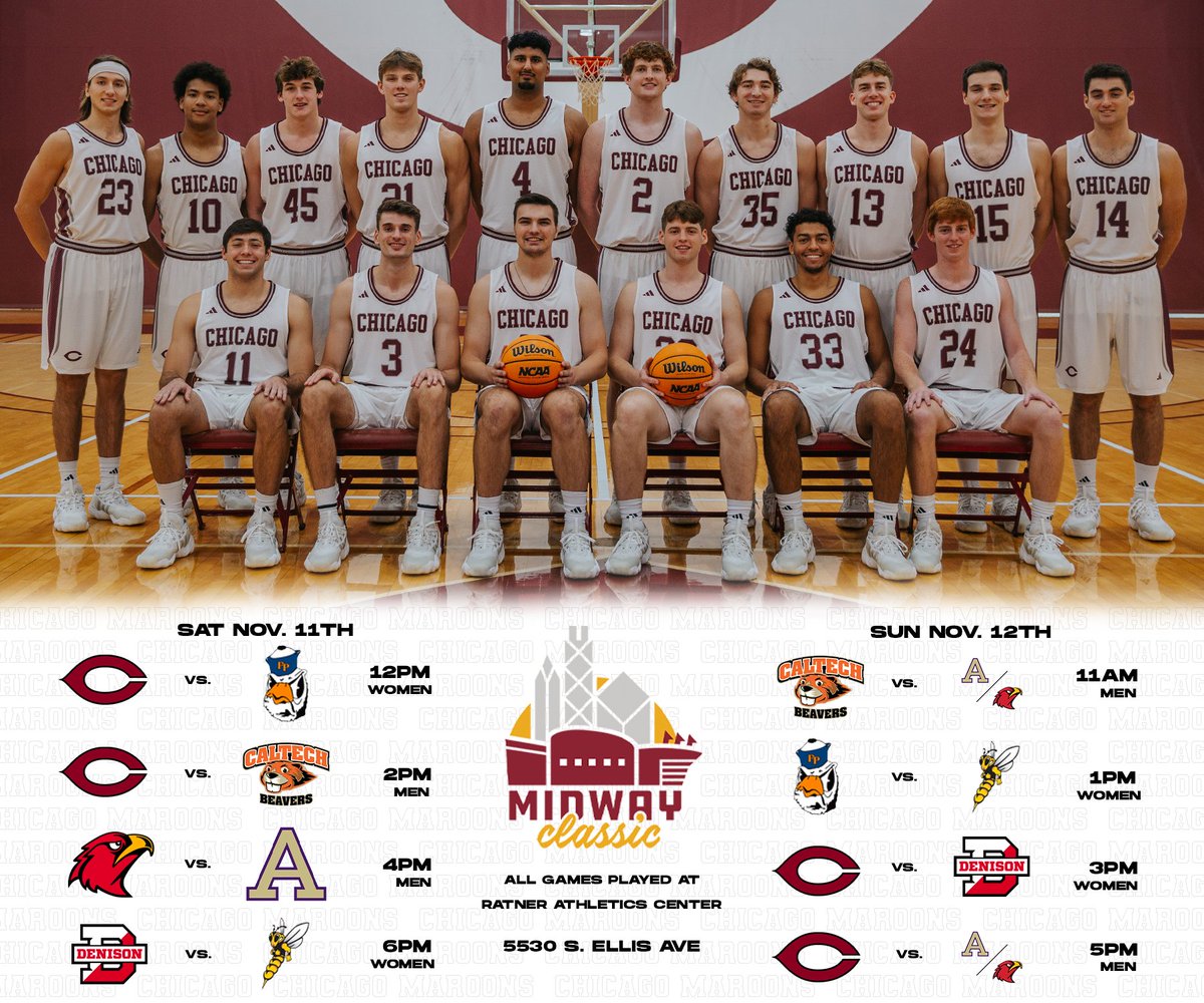 Here’s a look at the Midway Classic schedule this weekend. The Maroons start the season off Saturday at 2pm against Cal Tech! 🏀