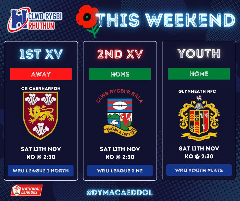 Another busy weekend ahead… The 1st XV travel to Caernarfon, the 2s are at home to Bala 2s and the youth welcome Glynneath RFC for Round 2 of the National Plate competition Saturday marks Armistice Day with a 2 minutes of silence being observed before KO We will remember them.