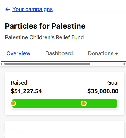 In 2 weeks #Particles4Palestine has raised $51,227+ for Palestine Children's Relief Fund with over 1,400 individual donations. I am SO proud of all of us 🫂 The campaign will remain open. Now is the time I urge you to DEMAND CEASEFIRE, contact representatives, & keep boosting!!