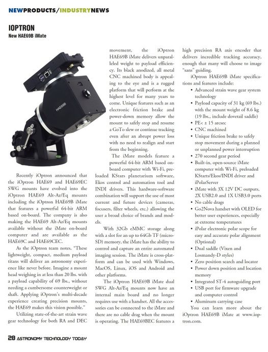 See the iOptron HAE69B iMate article in this month's Astronomy Technology Today digital magazine. Use the coupon code iOptron for a trial subscription to read the article. astronomytechnologytoday.com #astronomy @iOptronCorp