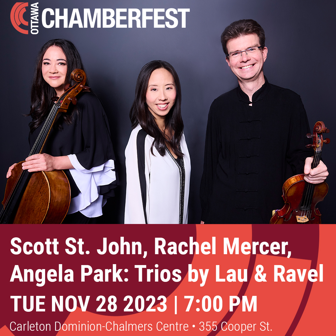 Canadian chamber music superstars @BrerFrog , @rachelcello, and Angela Park perform @KevinLauTO's Under a Veil of Stars, specially commissioned by the trio, as well as Ravel's Piano Trio. 🎻 Tuesday, November 28 at @CU_CDCC ✨ tickets on sale now at chamberfest.com