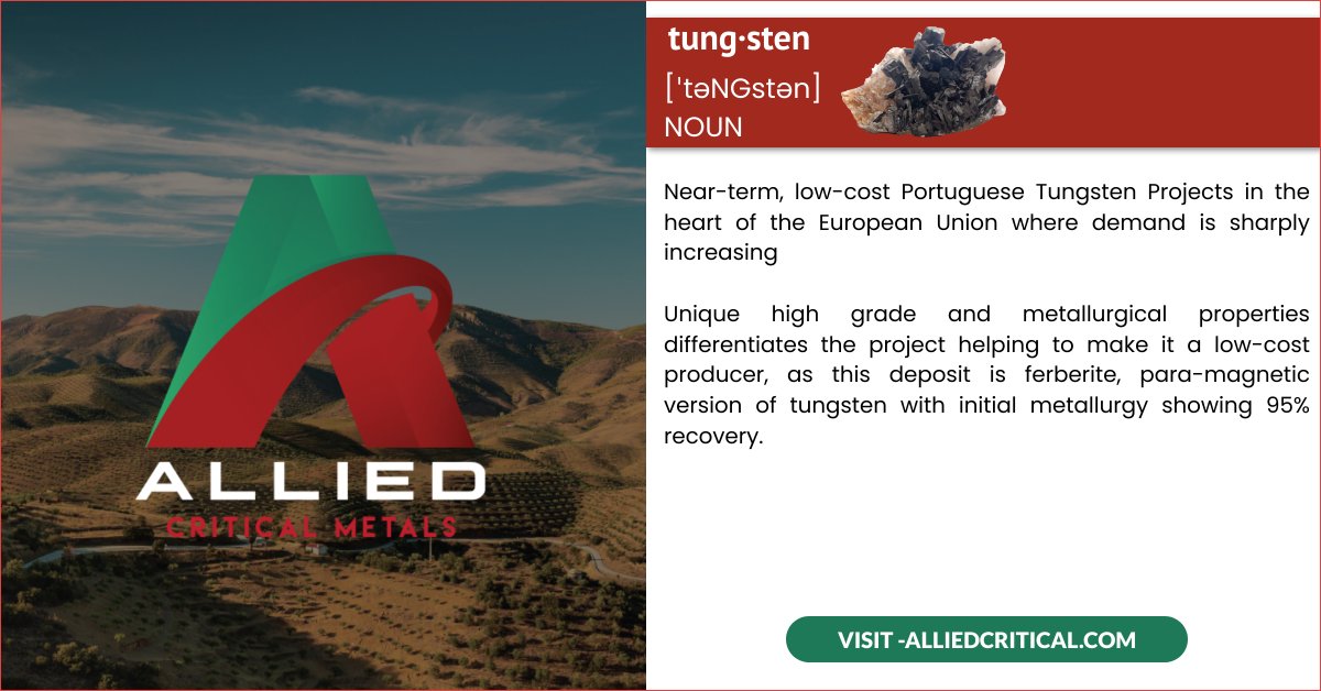 Unique high grade and metallurgical properties differentiates the project helping to make it a low-cost producer, as this deposit is ferberite para-magnetic version of tungsten with initial metallurgy showing 95% recovery

Learn More: alliedcritical.com 

#tungsten #portugal