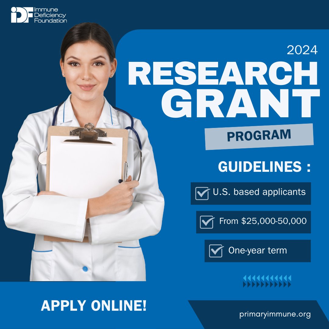 #ResearchGrant program applications are now open! If you have a unique idea that has a specified benefit for improving the treatment, health, disease management, or diagnosis of people with #PrimaryImmunodeficiency (PI) apply today: bit.ly/3scQPTW