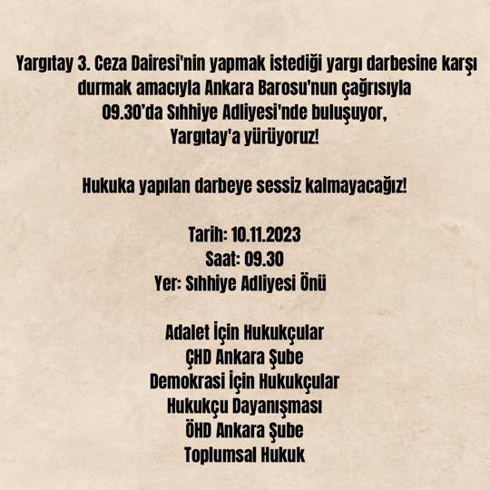 10 Kasım 2023: #Ankara 09.30’da Sıhhiye Adliyesi’nde buluşuyor, Yargıtay’a yürüyor!

#AdaletİçinHukukçular
#ÇHDAnkaraŞube
#DemokrasiİçinHukukçular
#HukukçuDayanışması
#ÖHDAnkaraŞube
#ToplumsalHukuk