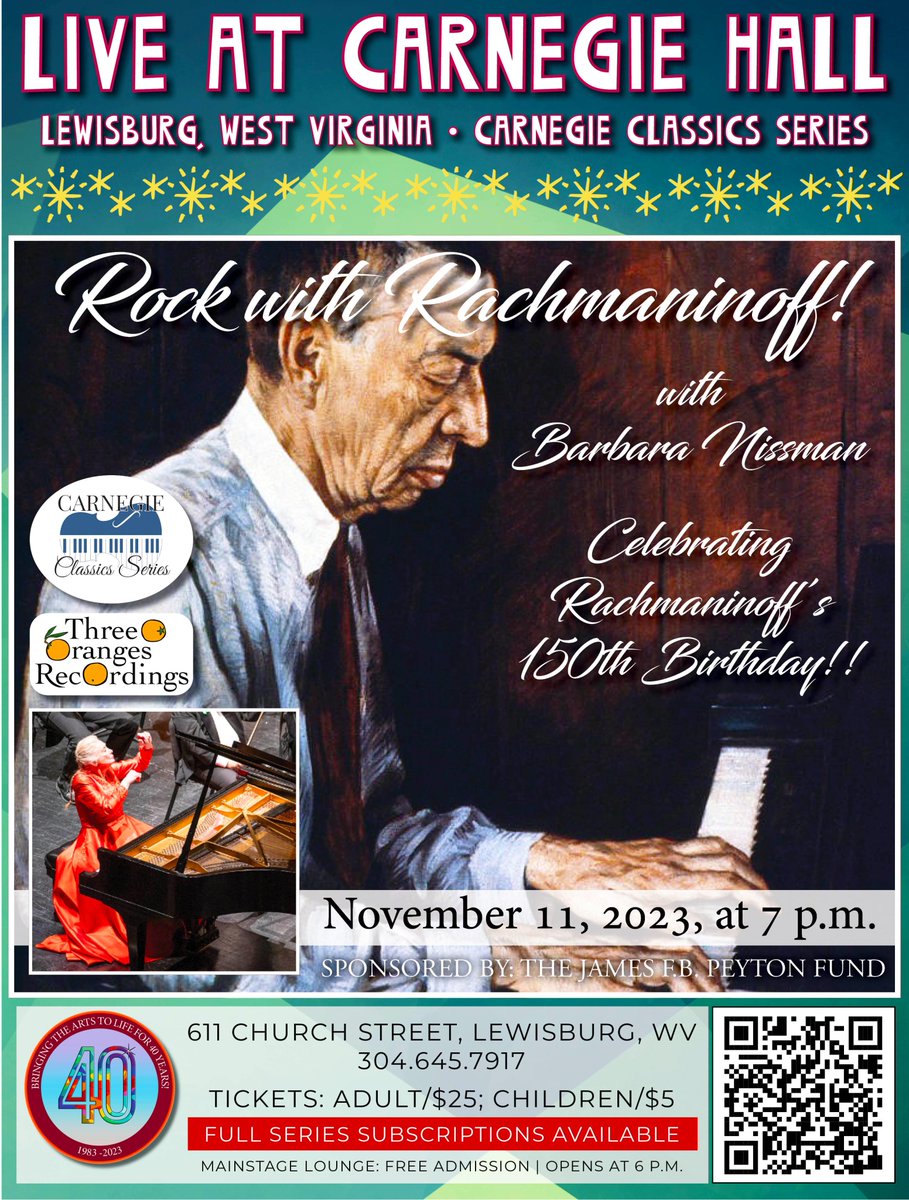 Carnegie Hall’s Classics Series hosted by Steinway “Legend” and Lewisburg resident Barbara Nissman is designed to introduce classical music to new audiences. The second season kicks off celebrating Rachmaninoff’s 150 bday on Sat., Nov. 11, at 7 p.m. in the Hamilton Auditorium.