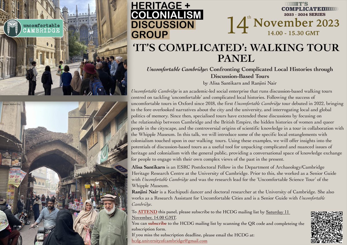 🚨Next #HCDG talk: Tuesday, 14th November @ 2-3:30pm. We’ll have a panel on ‘Walking Tours’ by Alisa Santikarn and Ranjini Nair @ran_jini (of Uncomfortable Cambridge @UnCamProject ) and Mahnoor Fatima @HbMahnoor. 👉For attendance instructions see ⬇️