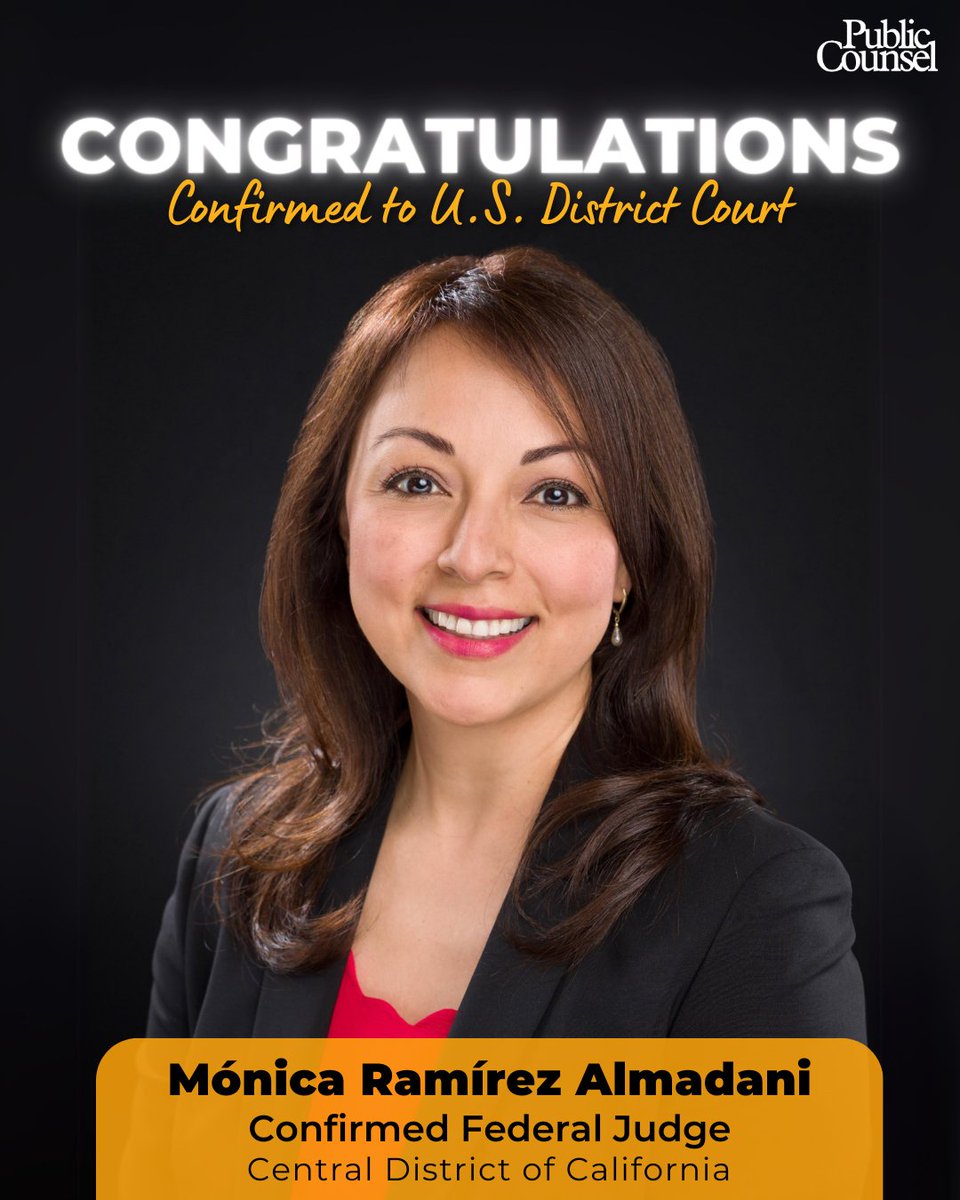 PublicCounsel's tweet image. 🚨BREAKING: Public Counsel, the nation’s largest provider of pro bono services, is thrilled to announce that its president/CEO, Mónica Ramírez Almadani, has been confirmed by the U.S. Senate to serve as a federal judge on the U.S. District Court for the Central District of CA.
