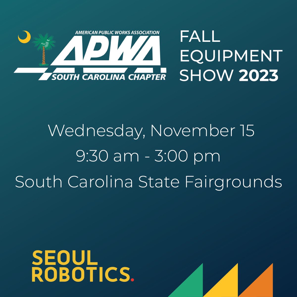 The <a href="/SCarAPWA/">South Carolina APWA</a> Fall Equipment Show is just around the corner! On Wednesday, November 15, <a href="/seoulrobotics/">Seoul Robotics</a> will be at the South Carolina State Fairgrounds from 9:30 a.m. to 3 p.m., where we will demonstrate our SENSR software.